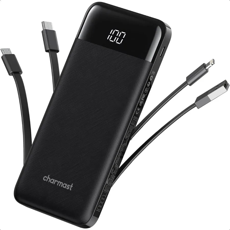 Portable Charger with Built in Cables Power Bank with Cords Wires Slim 10000mAh Travel Battery Pack 6 Outputs 3 Inputs