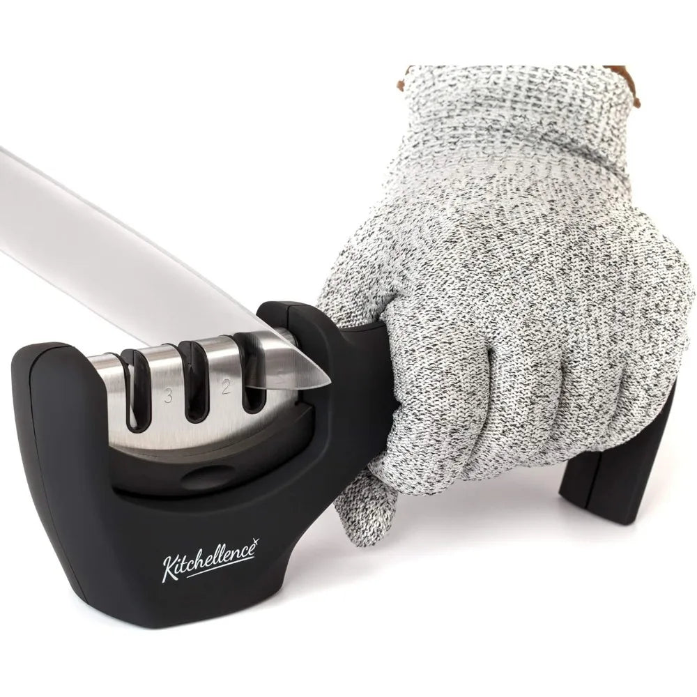 4-in-1 Kitchen Knife Accessories: 3-Stage Knife Sharpener Helps Repair, Restore, Polish Blades and Cut-Resistant Glove (Black)