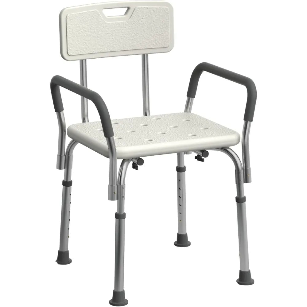 shower chair for inside shower, heavy duty, 350 lb capacity, adjustable height, non-slip seat with padded armrests & back, whit