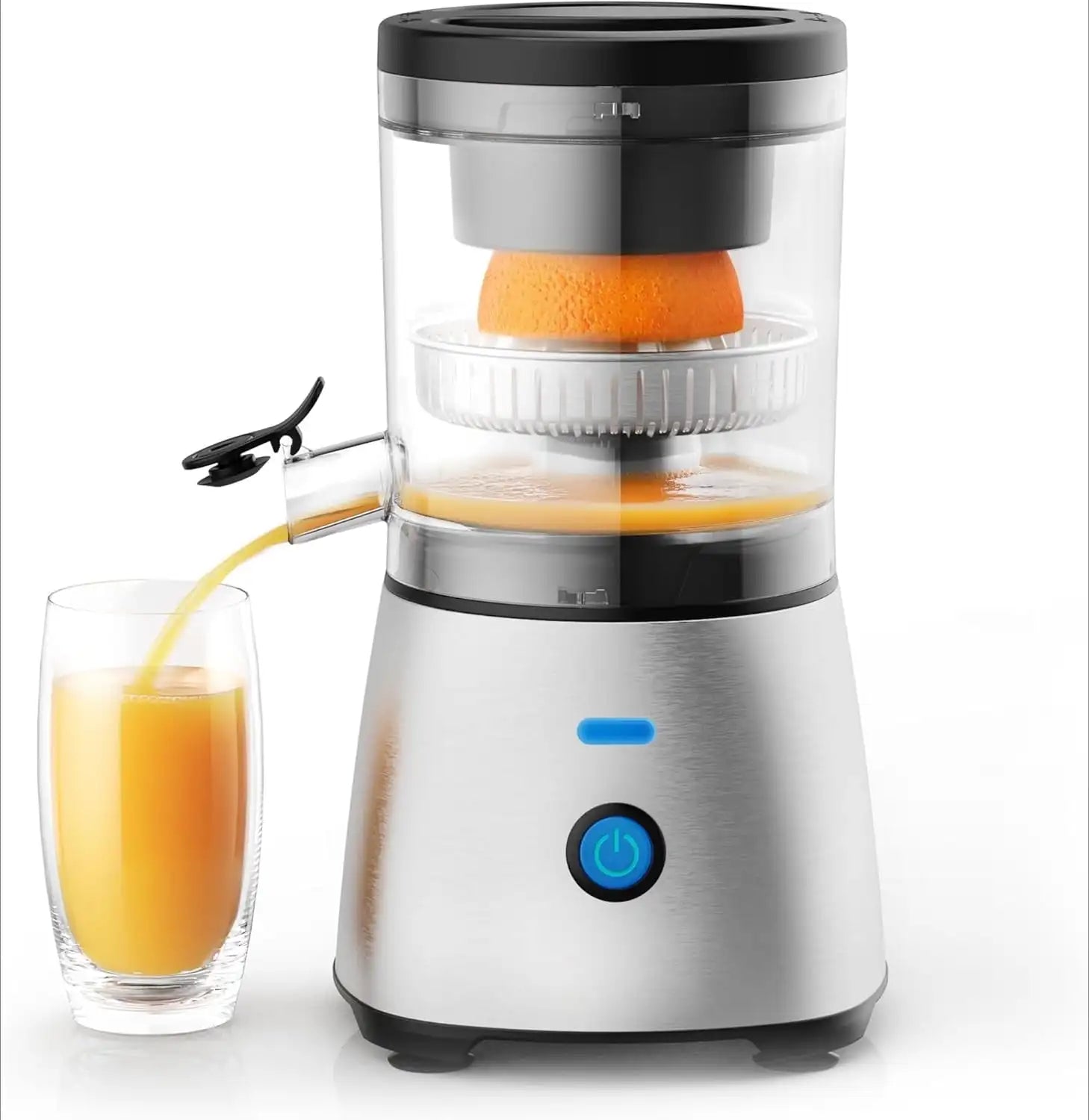 Electric Citrus Juicer Stainless Steel | Hands-Free One-Touch Orange Juice Squeezer for Oranges, Lemons, and Limes | Quiet Opera