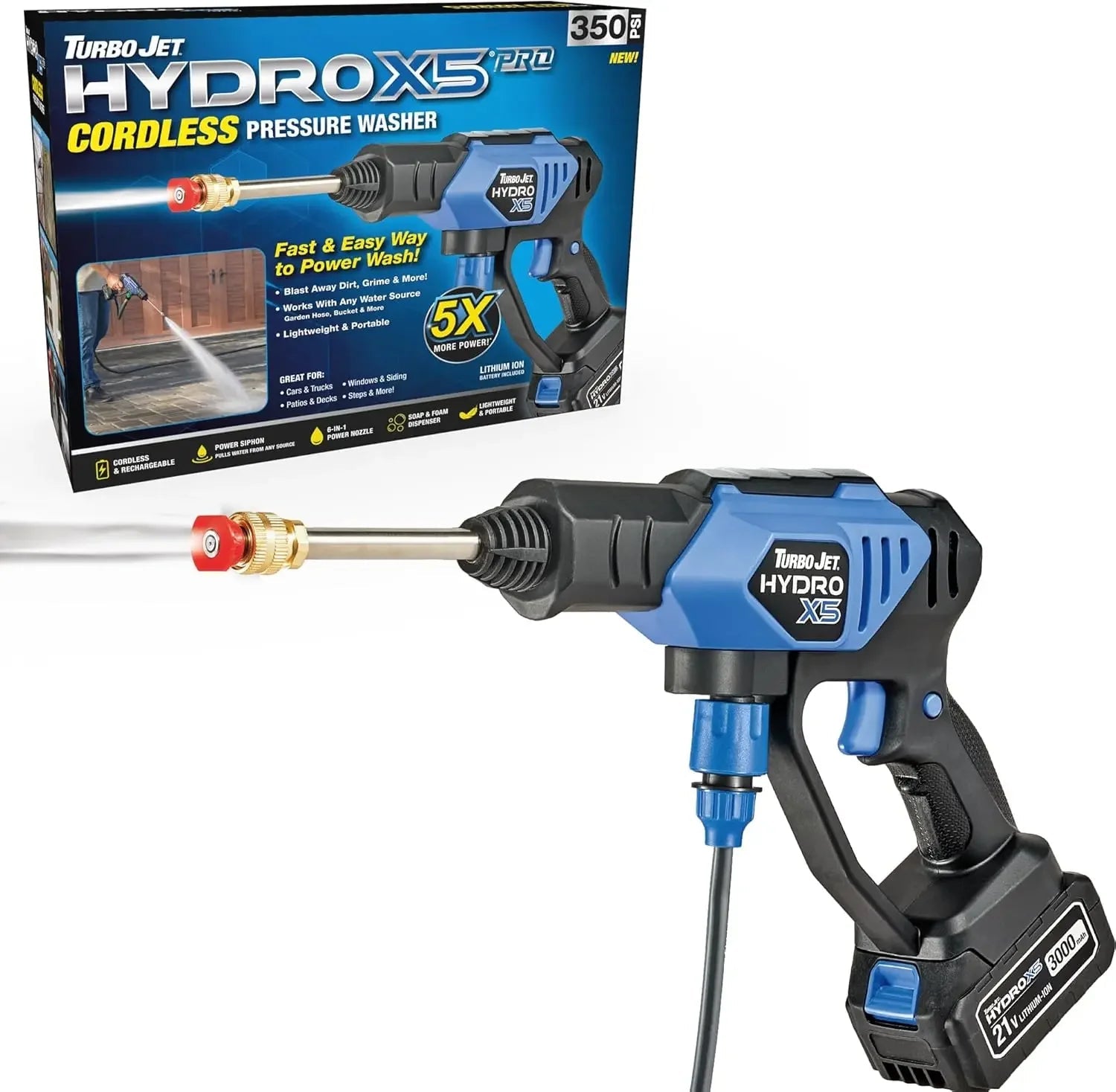 Portable Cordless Pressure Washer (21V 3000mAh Battery), 6-in-1 Nozzle, Dual Water Source, 16ft Detachable
