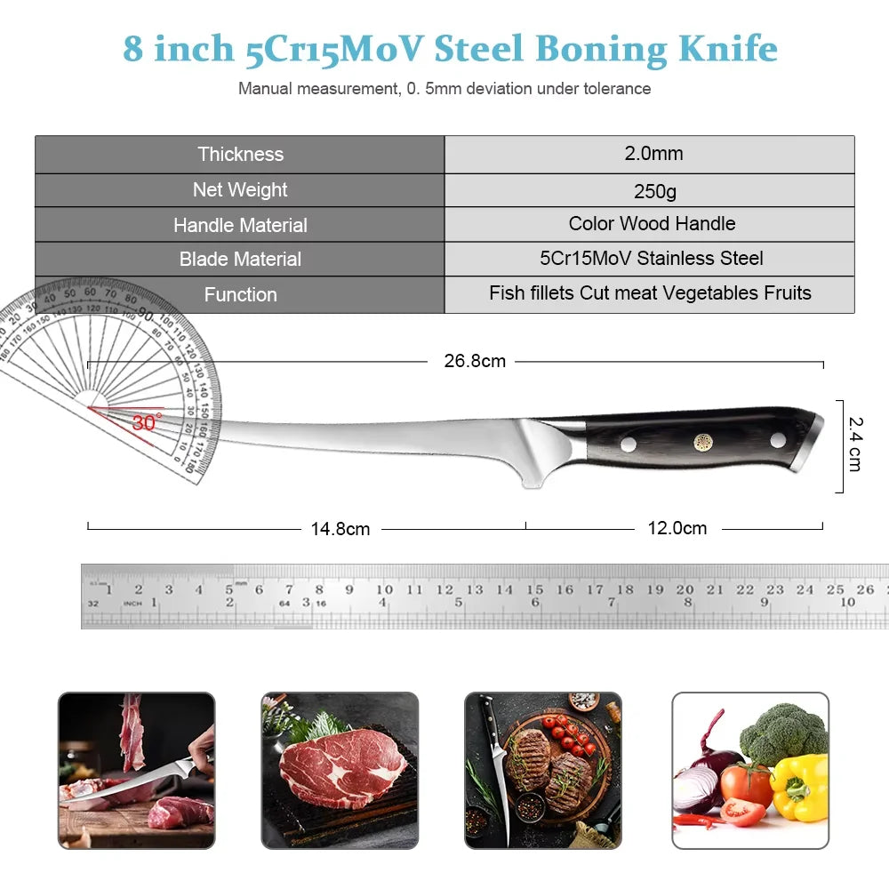 8 Inch Boning Knife Stainless Steel Sharp Deboning Knife for Meat Cutting, Brisket Knife,Flexible Blade Curved Fish Fillet Knife