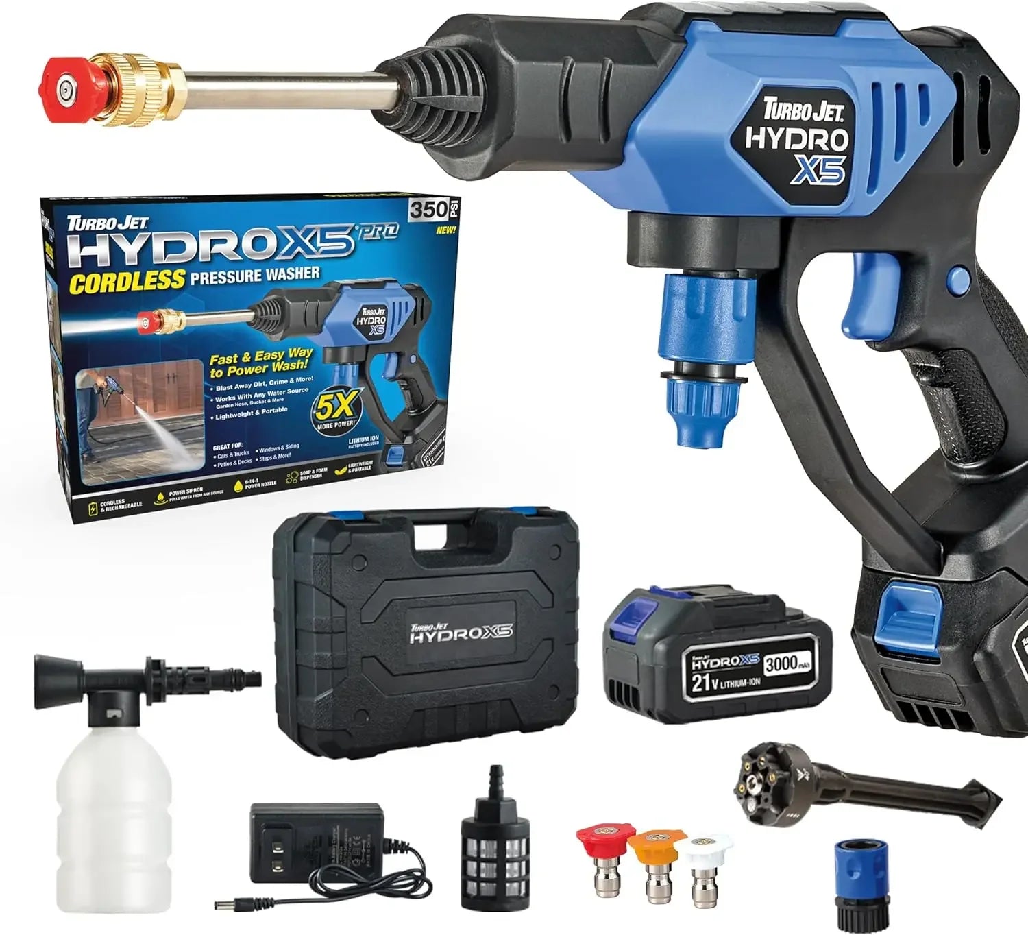 Portable Cordless Pressure Washer (21V 3000mAh Battery), 6-in-1 Nozzle, Dual Water Source, 16ft Detachable