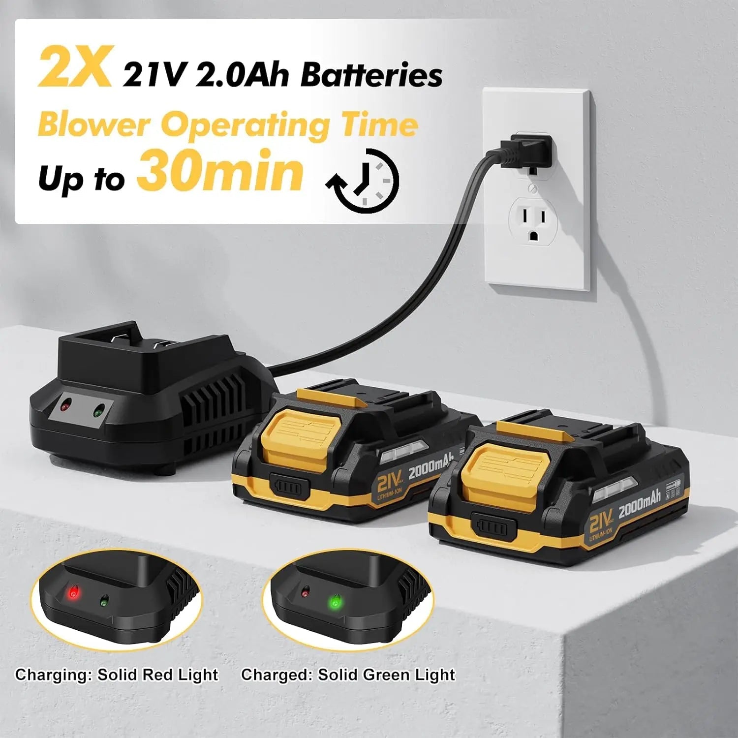 Leaf Blower Cordless with 2 Batteries and Charger, 21V Electric Leaf Blower with 2 Speed Modes, 2.0Ah Lightweight Battery Powere