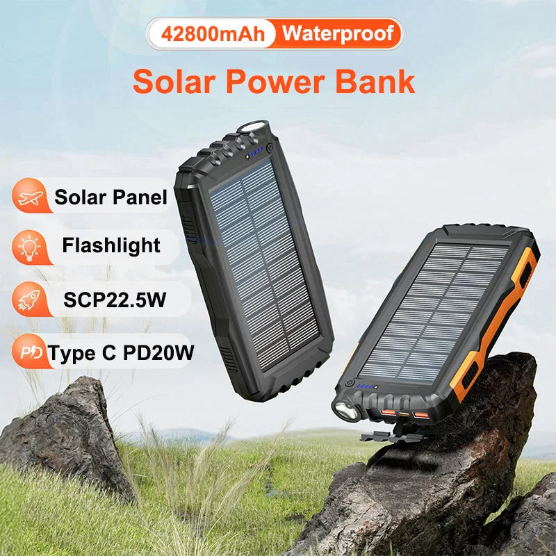 42800mAh Solar Power Bank Waterproof Portable Charger 22.5W Fast Charging Powerbank for iPhone Samsung Xiaomi Poverbank