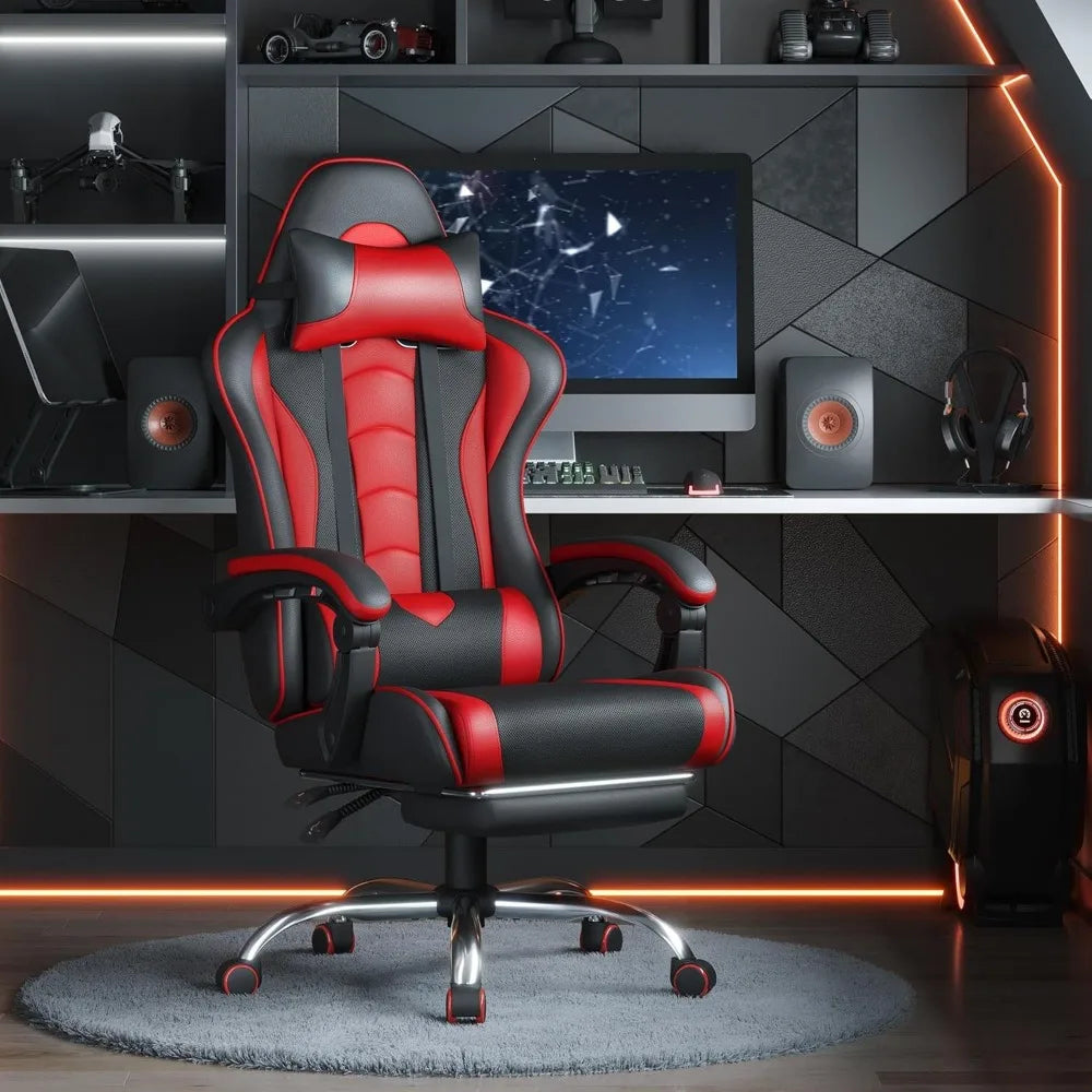 Gaming Chair, Video Game Chair with Massage Lumbar Support and Footrest Height Adjustable Ergonomic Computer Chair with Swivel