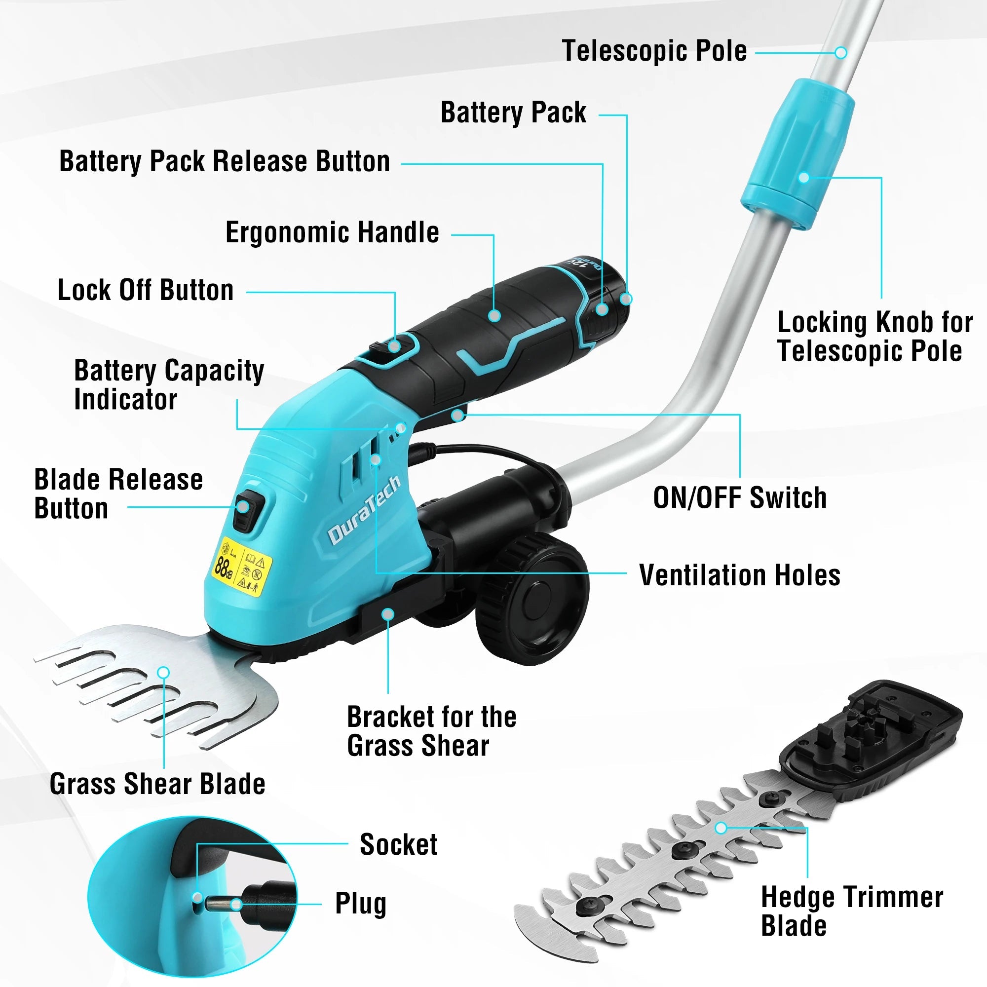 12V 2-in-1 Cordless Grass Shear &Shrubbery Trimmer with Wheeled Extension Pole Garden Tool