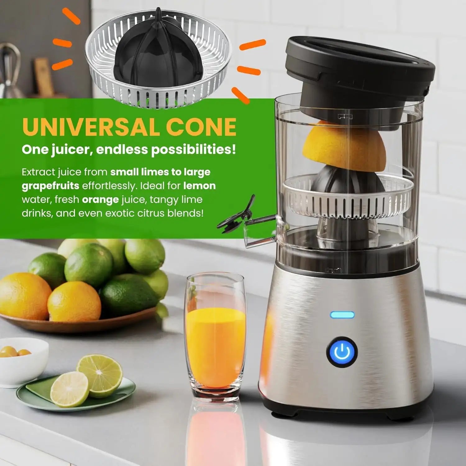 Electric Citrus Juicer Stainless Steel | Hands-Free One-Touch Orange Juice Squeezer for Oranges, Lemons, and Limes | Quiet Opera