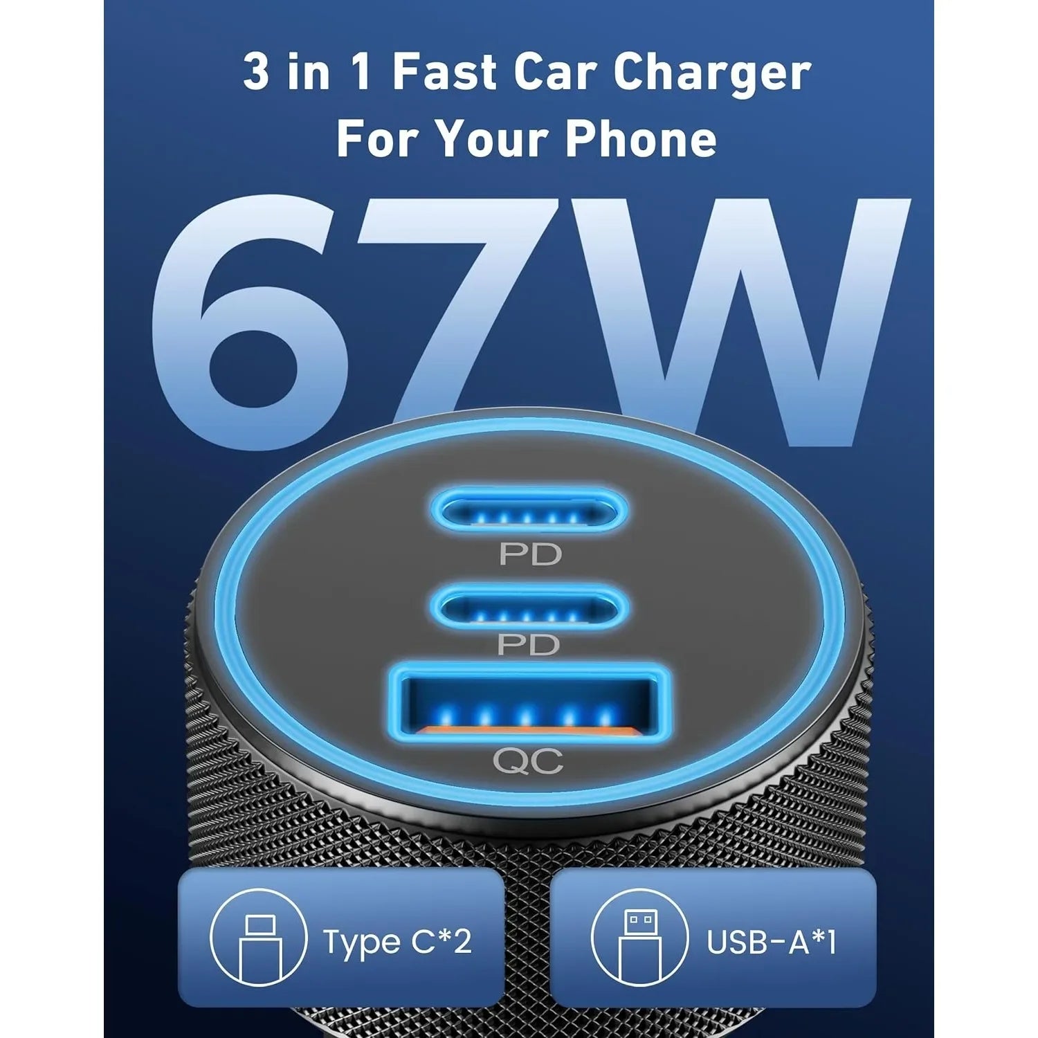 USB C Car Charger, 3-Port 67W Dual USB-C & USB-A Car Power Adapter PD/QC Fast Charging Cigarette Lighter