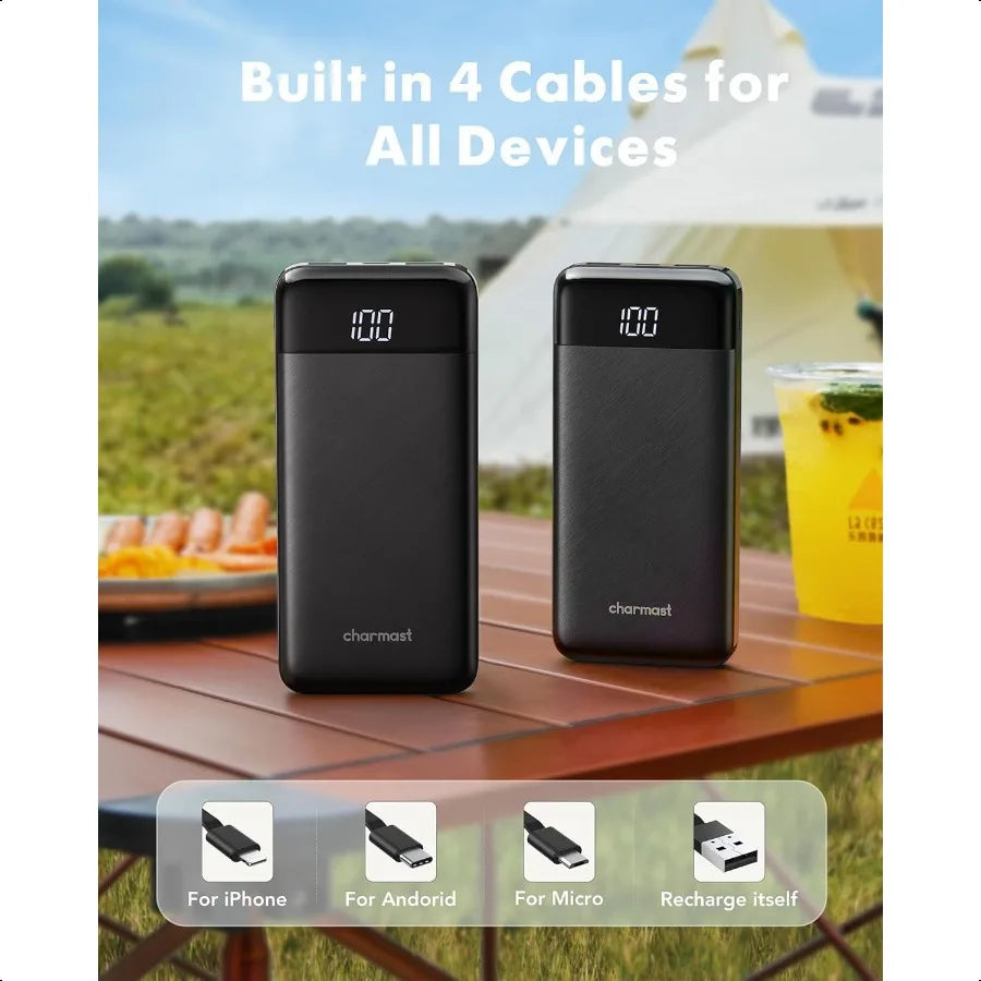 Portable Charger with Built in Cables Power Bank with Cords Wires Slim 10000mAh Travel Battery Pack 6 Outputs 3 Inputs