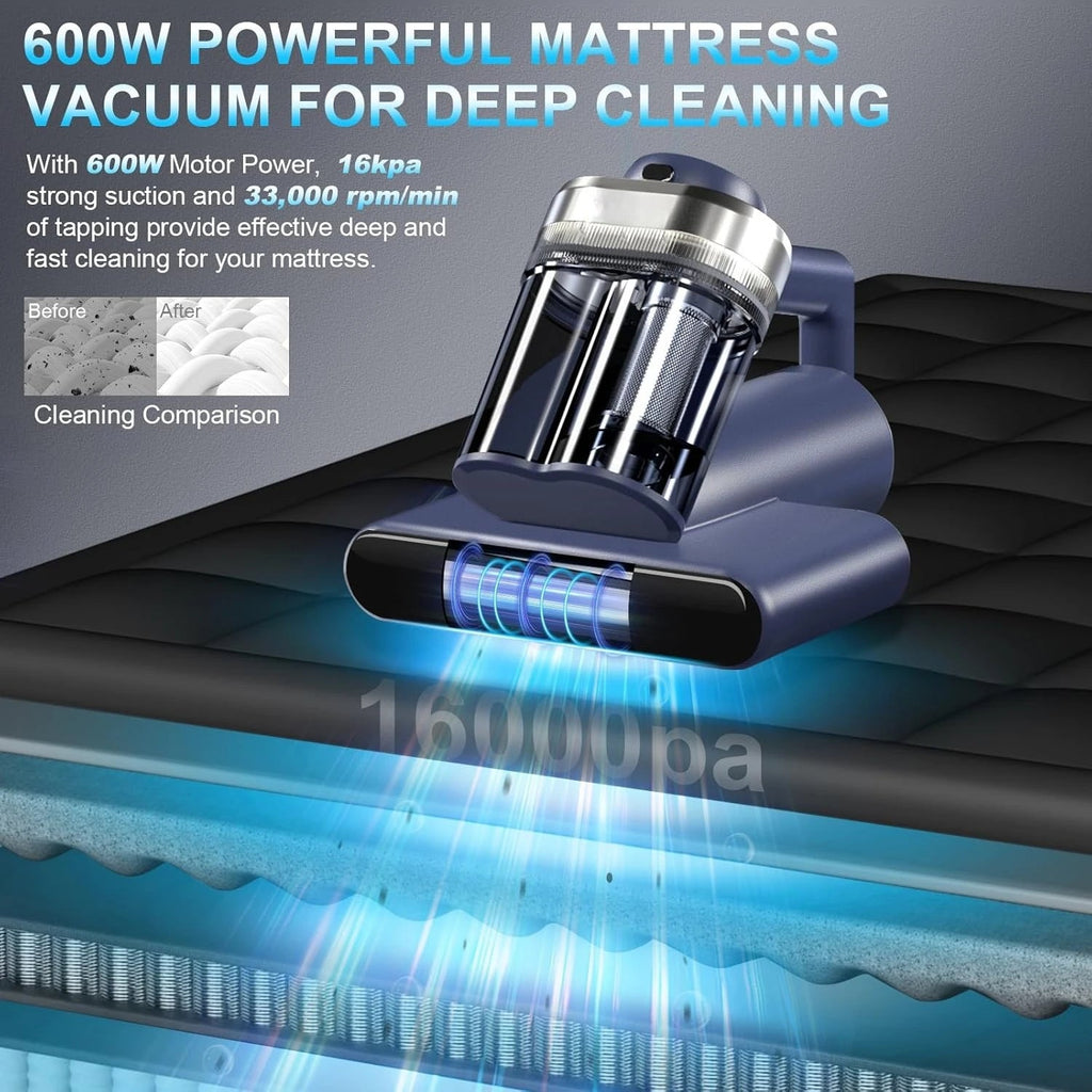 Mattress Vacuum Bed Vacuum Cleaner with 253.7nm UV-C Light, 600W & 16Kpa Strong Suction,33000 RPM/Min Tapping, HEPA Filter