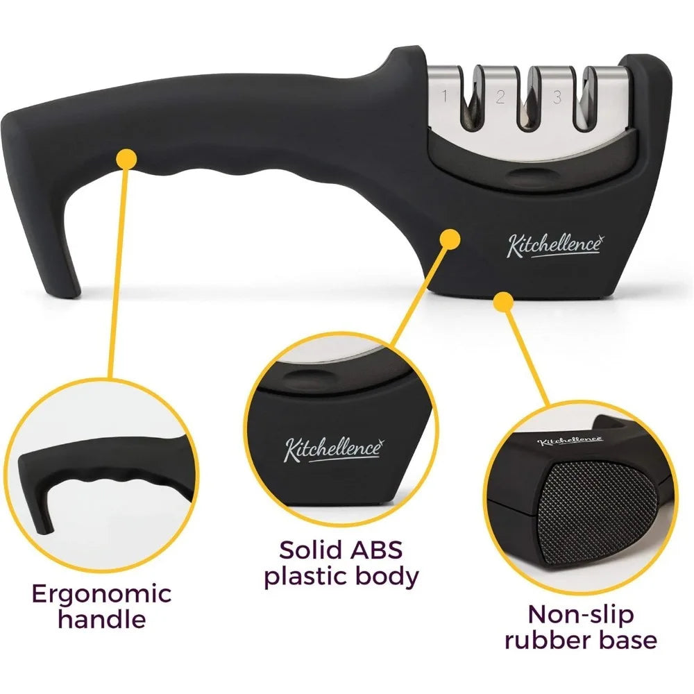 4-in-1 Kitchen Knife Accessories: 3-Stage Knife Sharpener Helps Repair, Restore, Polish Blades and Cut-Resistant Glove (Black)