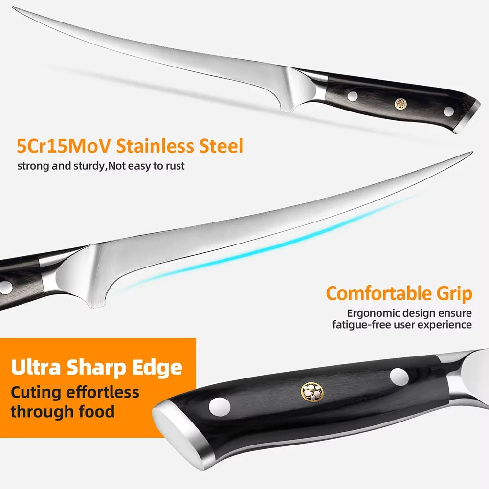 8 Inch Boning Knife Stainless Steel Sharp Deboning Knife for Meat Cutting, Brisket Knife,Flexible Blade Curved Fish Fillet Knife