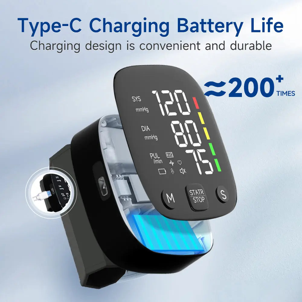 Rechargeable Digital Wrist Blood Pressure Monitor Sphygmomanometer Tonometer Tensiometer Heart Rate Meter BP Monitor