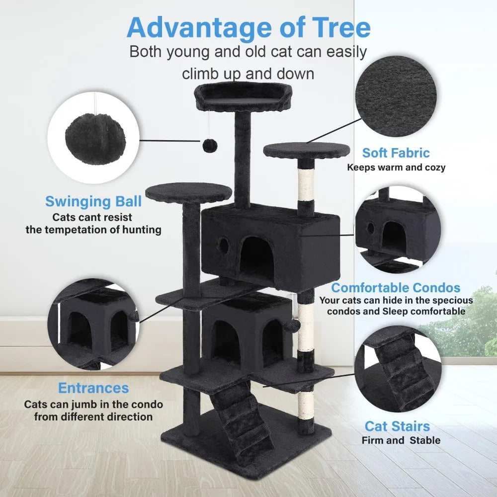 FDW Cat Tree 54in Cat Tower Multi-Level Durable Cat Scratching Post & Cozy Fun Cat Jumping Platform Space Saving Cat Condo Pet P