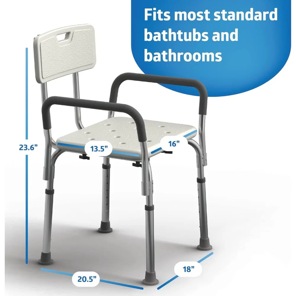 shower chair for inside shower, heavy duty, 350 lb capacity, adjustable height, non-slip seat with padded armrests & back, whit