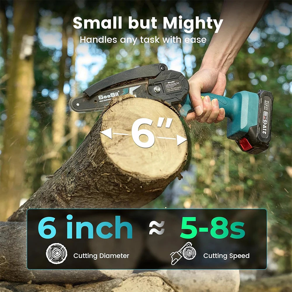 Mini Chainsaw Cordless 6-inch Handheld Electric Power Chain Saw for Garden Tools Tree Trimming Wood Cutting Best Gifts