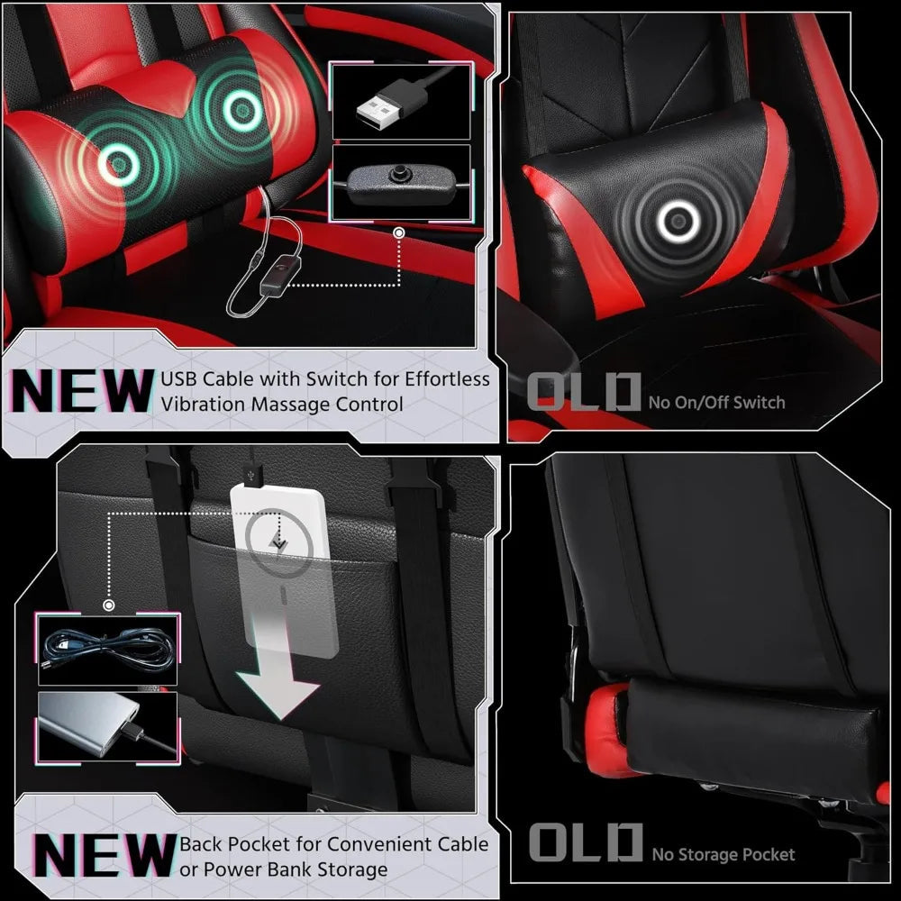 Gaming Chair, Video Game Chair with Massage Lumbar Support and Footrest Height Adjustable Ergonomic Computer Chair with Swivel