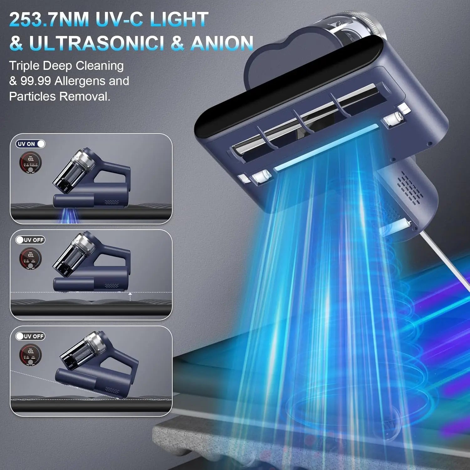 Mattress Vacuum Bed Vacuum Cleaner with 253.7nm UV-C Light, 600W & 16Kpa Strong Suction,33000 RPM/Min Tapping, HEPA Filter