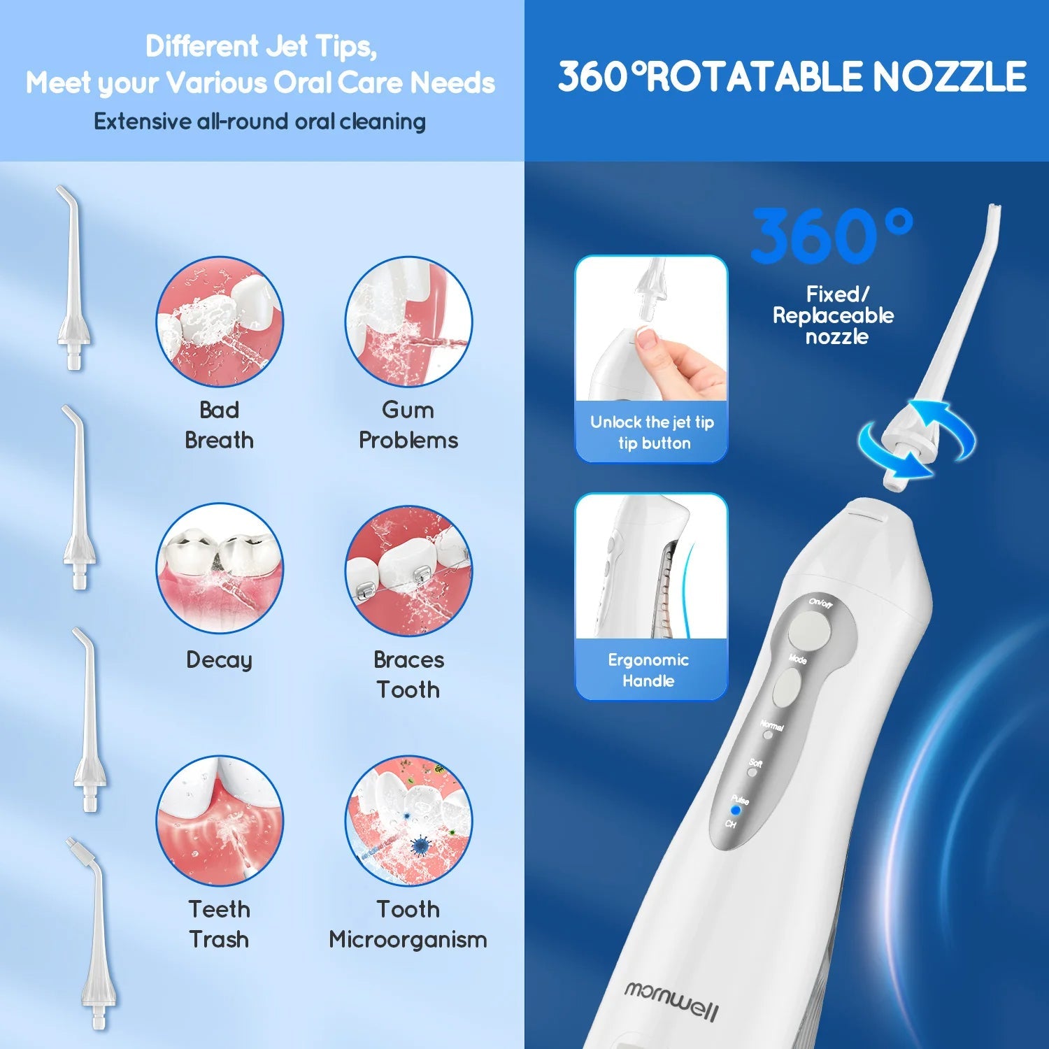 Oral Irrigator D52 Portable Dental Water Flosser USB Rechargeable Water Jet Floss Tooth Pick 4 Jet Tip 300ml 3 Modes Teeth Clean