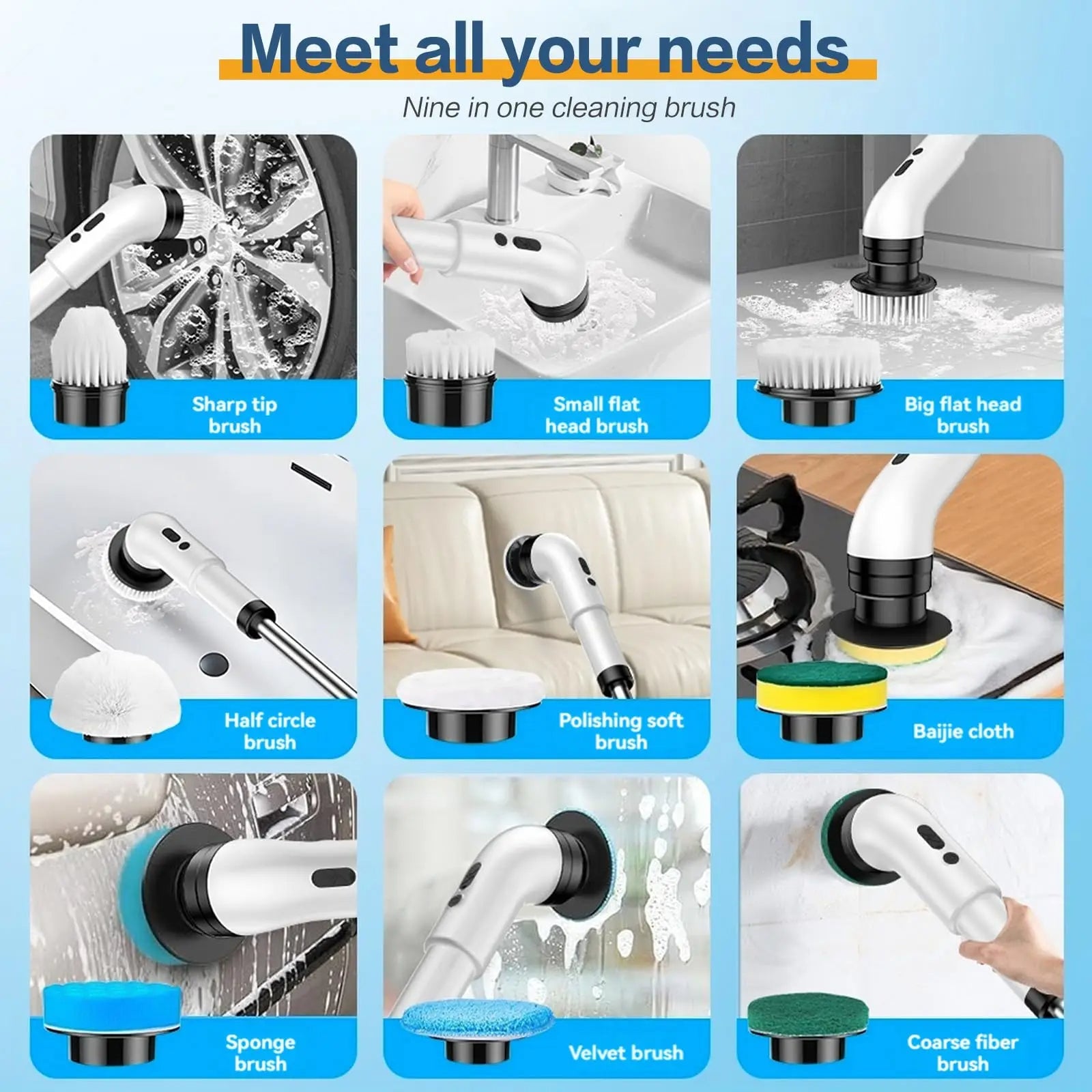 Electric Spin Scrubber, Cordless Cleaning Brush, Shower Scrubber with 9 Brush Heads, Adjustable Extension Handle