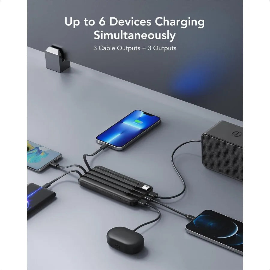 Portable Charger with Built in Cables Power Bank with Cords Wires Slim 10000mAh Travel Battery Pack 6 Outputs 3 Inputs