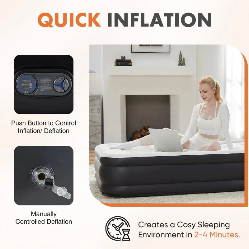 edx 18" Queen Size Air Mattress Bed with Built- in Pump Blow Up Mattresses for Camping, Indoor Colchon, Guests Air Bed