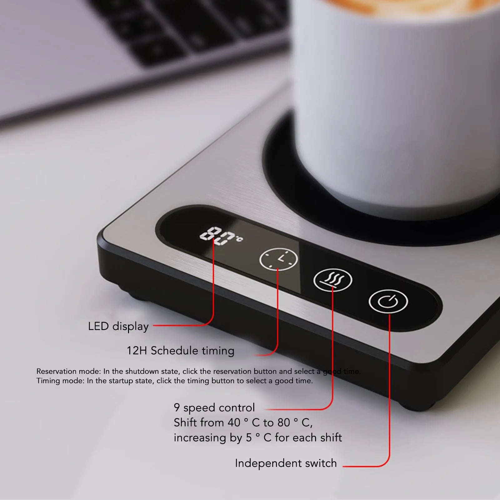 Coffee Cup Heater 36W Touch Control 12h Timing Smart Coffee Mug Heater for Coffee Beverage Milk Tea Hot Chocolate Silver