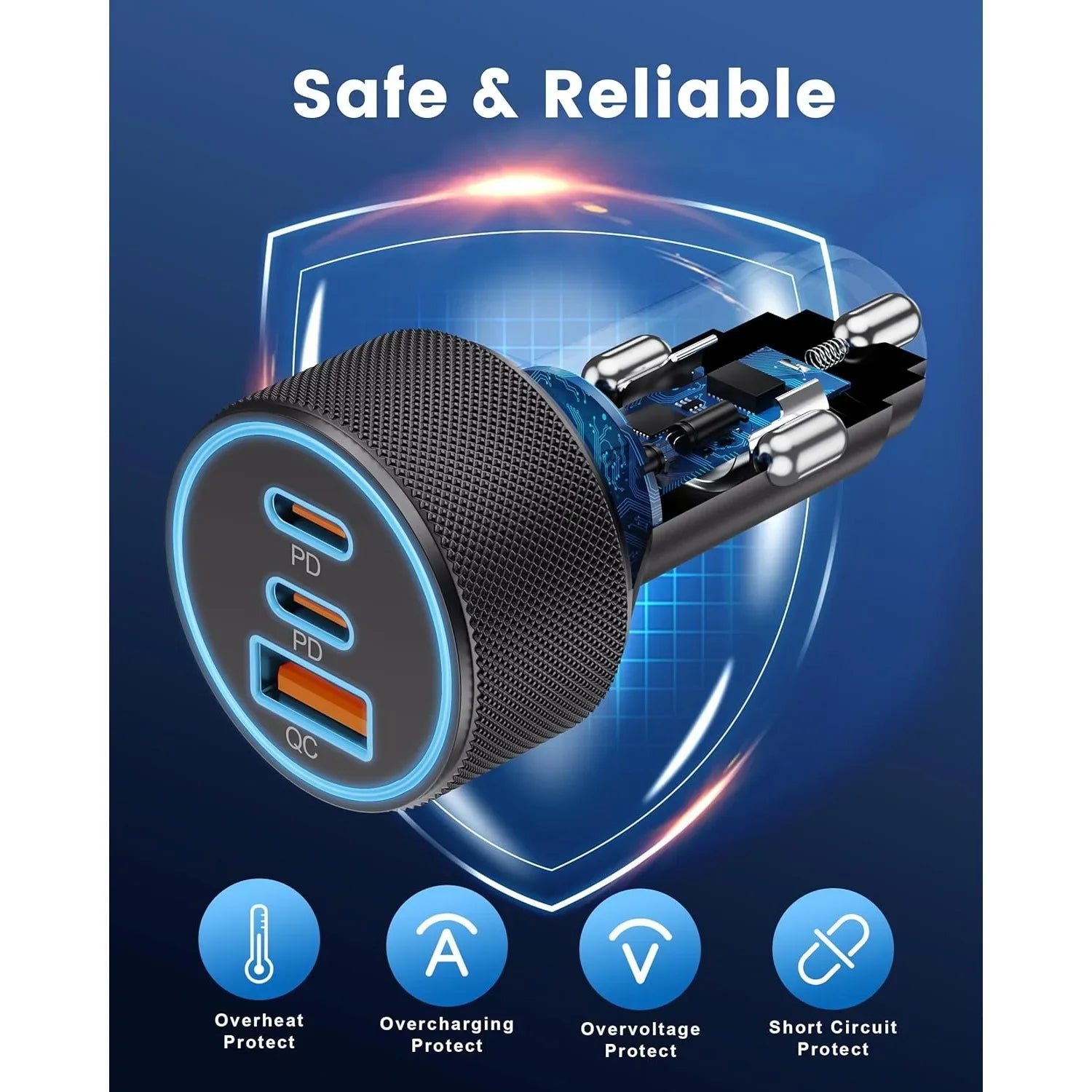 USB C Car Charger, 3-Port 67W Dual USB-C & USB-A Car Power Adapter PD/QC Fast Charging Cigarette Lighter