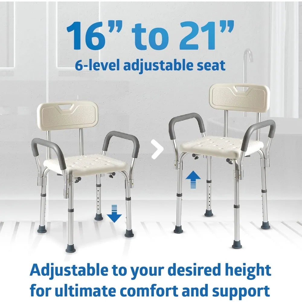 shower chair for inside shower, heavy duty, 350 lb capacity, adjustable height, non-slip seat with padded armrests & back, whit