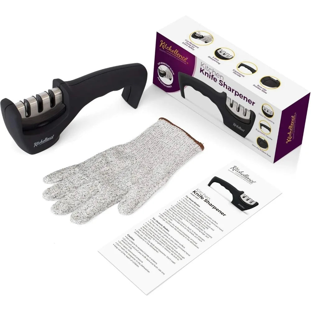 4-in-1 Kitchen Knife Accessories: 3-Stage Knife Sharpener Helps Repair, Restore, Polish Blades and Cut-Resistant Glove (Black)