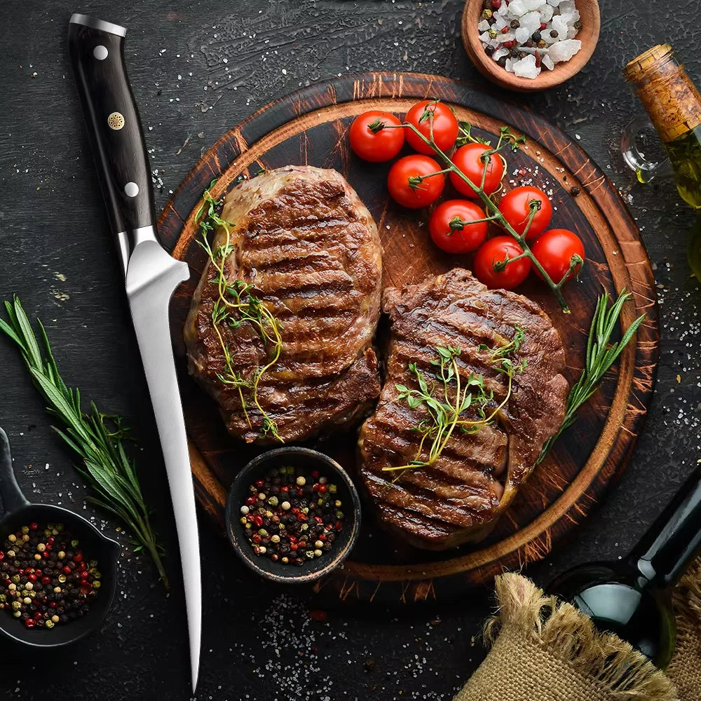 8 Inch Boning Knife Stainless Steel Sharp Deboning Knife for Meat Cutting, Brisket Knife,Flexible Blade Curved Fish Fillet Knife