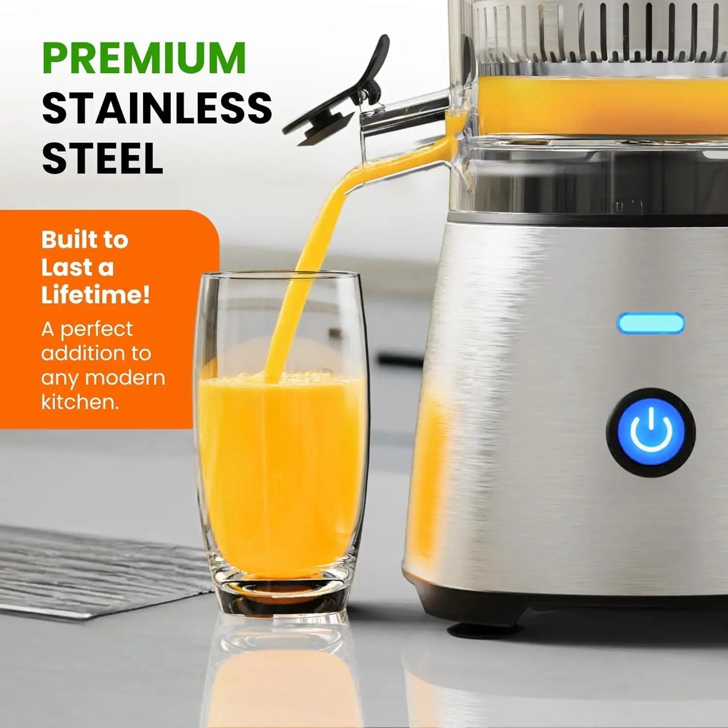 Electric Citrus Juicer Stainless Steel | Hands-Free One-Touch Orange Juice Squeezer for Oranges, Lemons, and Limes | Quiet Opera