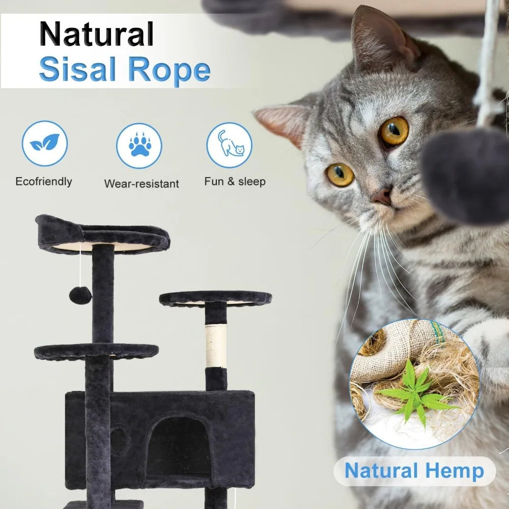 FDW Cat Tree 54in Cat Tower Multi-Level Durable Cat Scratching Post & Cozy Fun Cat Jumping Platform Space Saving Cat Condo Pet P