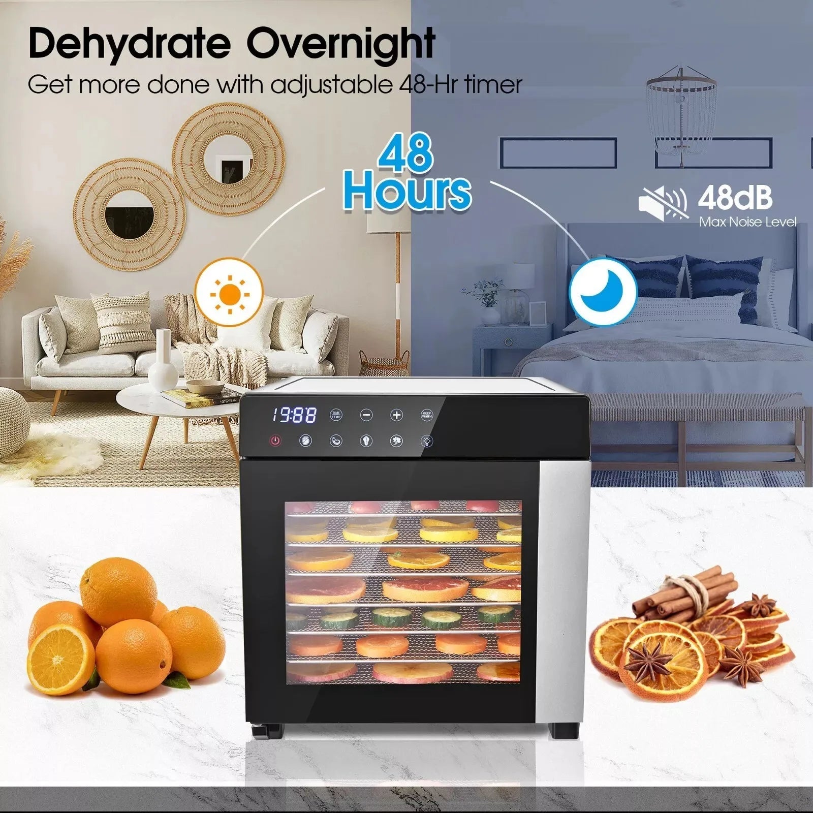 8-Tray Stainless Steel,600W with 4 Presets & Digital Timer for Jerky, Fruit, Herbs - Dishwasher Safe, BPA Free Food Dehydrator