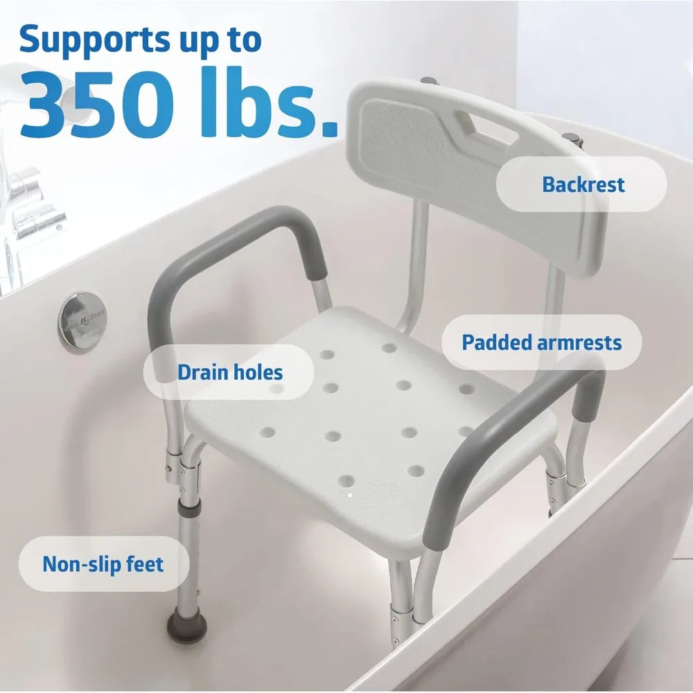shower chair for inside shower, heavy duty, 350 lb capacity, adjustable height, non-slip seat with padded armrests & back, whit