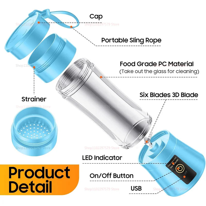 Cordless Portable Personal Size Blender - Mini Blender Make Smoothies and Shakes, 380Ml BPA Free Travel Cup for Office/Home/Gym