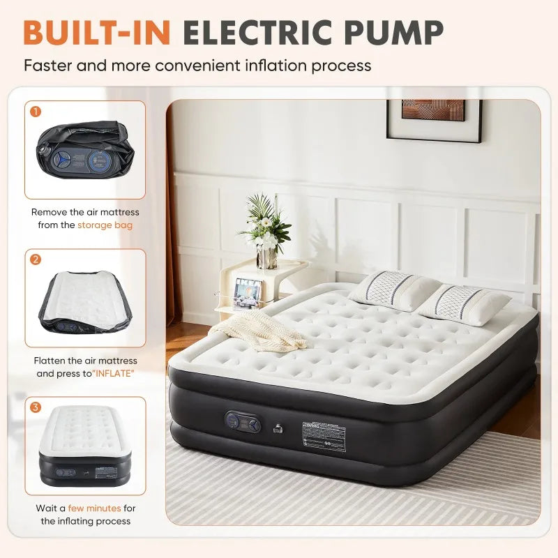 edx 18" Queen Size Air Mattress Bed with Built- in Pump Blow Up Mattresses for Camping, Indoor Colchon, Guests Air Bed