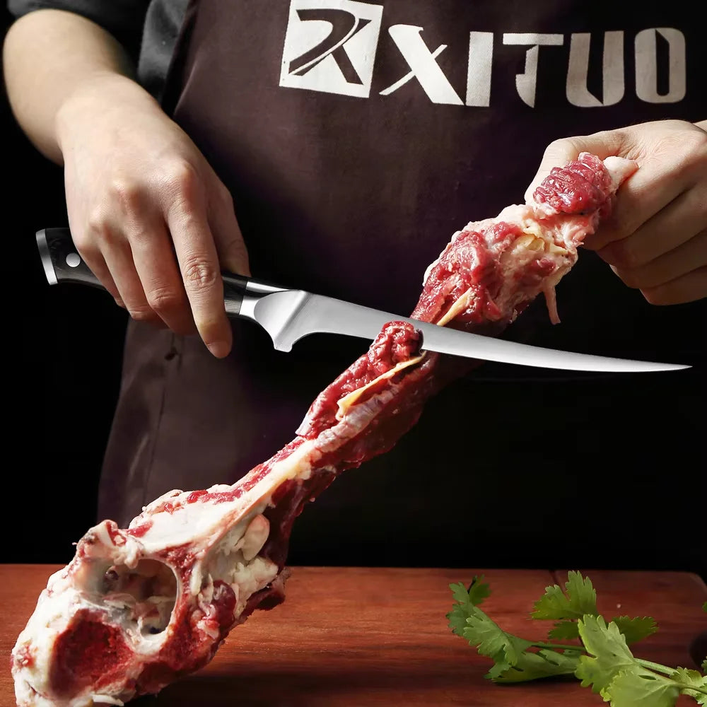 8 Inch Boning Knife Stainless Steel Sharp Deboning Knife for Meat Cutting, Brisket Knife,Flexible Blade Curved Fish Fillet Knife