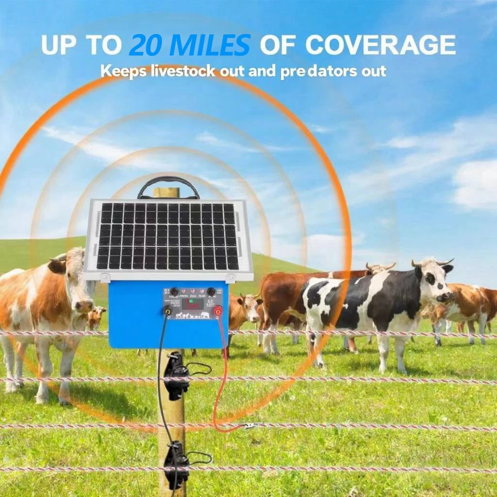 20 Miles Solar Electric Fence Charger, 0.5J Energizer Controller for Livestock No Batte