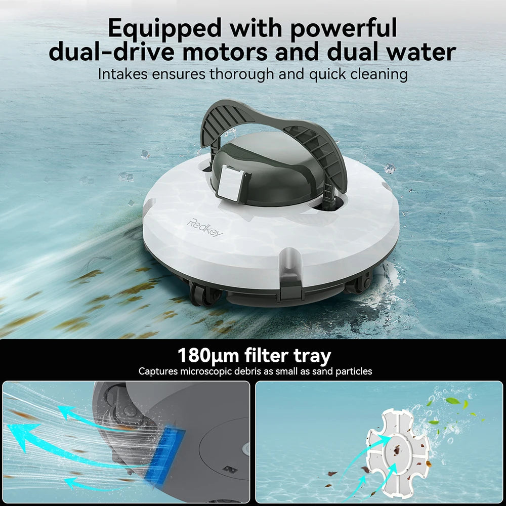 Redkey S100 Cordless Robot Pool Cleaner 28W 5200mAh 130-Min 180μm Filtration Auto-Cleaning Pool Vacuum Cleaner IPX8 Waterproof
