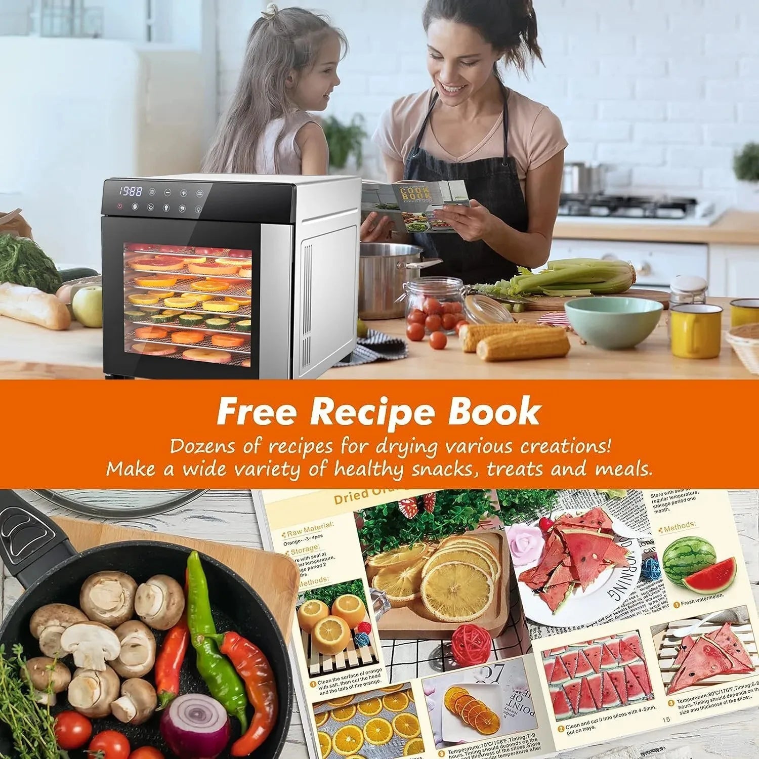 8-Tray Stainless Steel,600W with 4 Presets & Digital Timer for Jerky, Fruit, Herbs - Dishwasher Safe, BPA Free Food Dehydrator