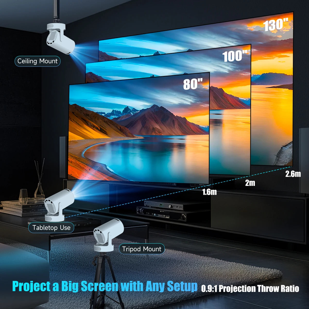 HY300 Pro + Projector 4K 720P With 5W Speaker Android 11 8000 Lumens WiFi 6 BT5.4 Outdoor Video Home Theater Projector