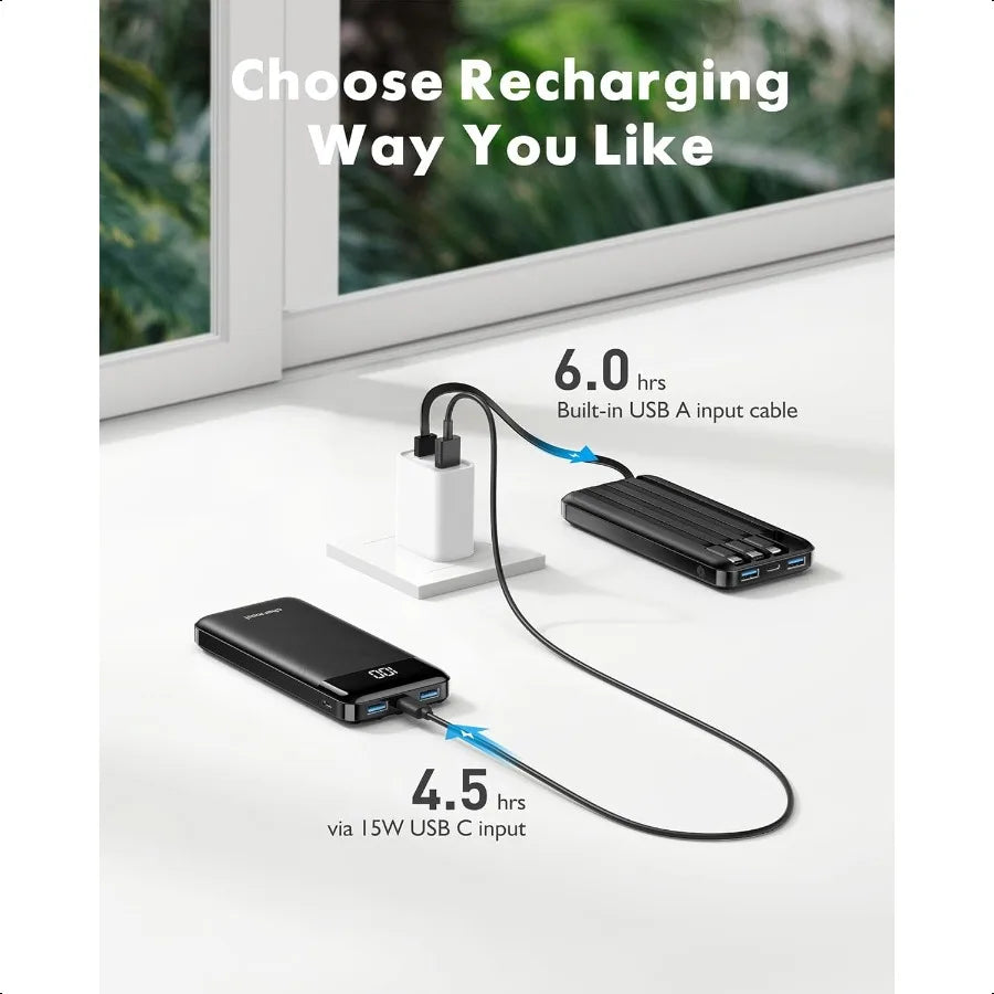 Portable Charger with Built in Cables Power Bank with Cords Wires Slim 10000mAh Travel Battery Pack 6 Outputs 3 Inputs
