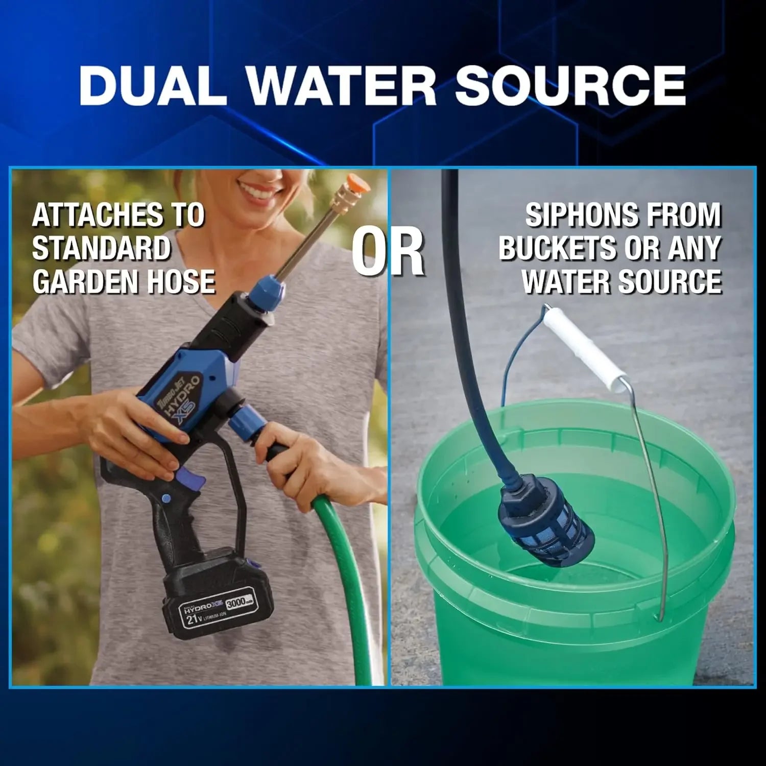 Portable Cordless Pressure Washer (21V 3000mAh Battery), 6-in-1 Nozzle, Dual Water Source, 16ft Detachable