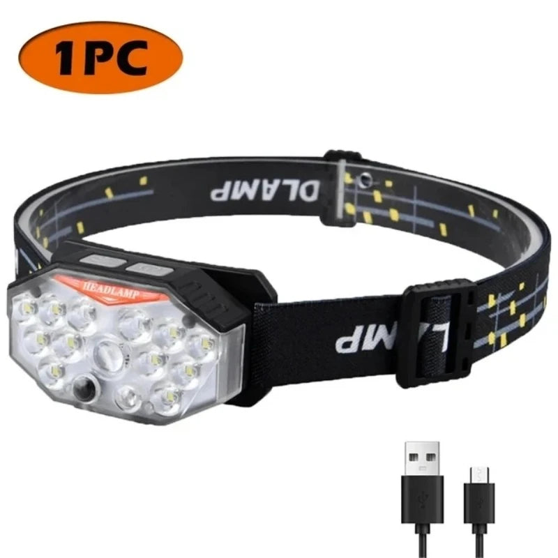 8 Modes Motion Sensor XPE+COB LED Headlamp Flashlight USB Rechargeable Waterproof Camping Head Lamp Running Fishing Headlight