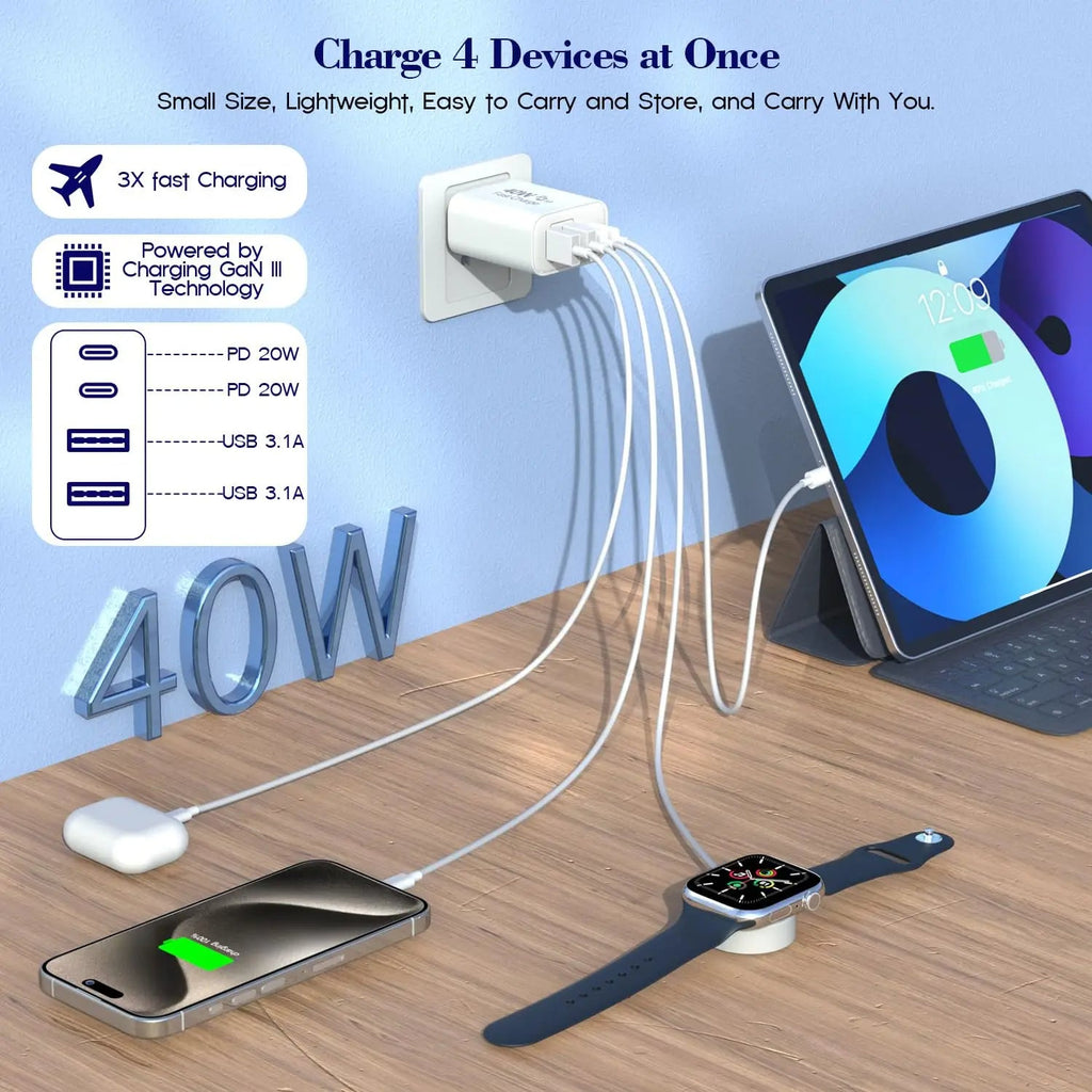 40W 4-Port Fast USB Wall Adapter PD+QC Wall Plug Multiport Block Cube for iPhone 16/16 Pro/15/14/13/12/11/Pro Max/XS/XR, iPad