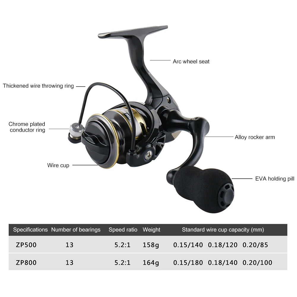 Lightweight Spinning Reel ZP 500/800 Series Small Fishing Reel Gear Ratio 5.2:1 Metal Fishing Spinning Wheel for Carp Fishing