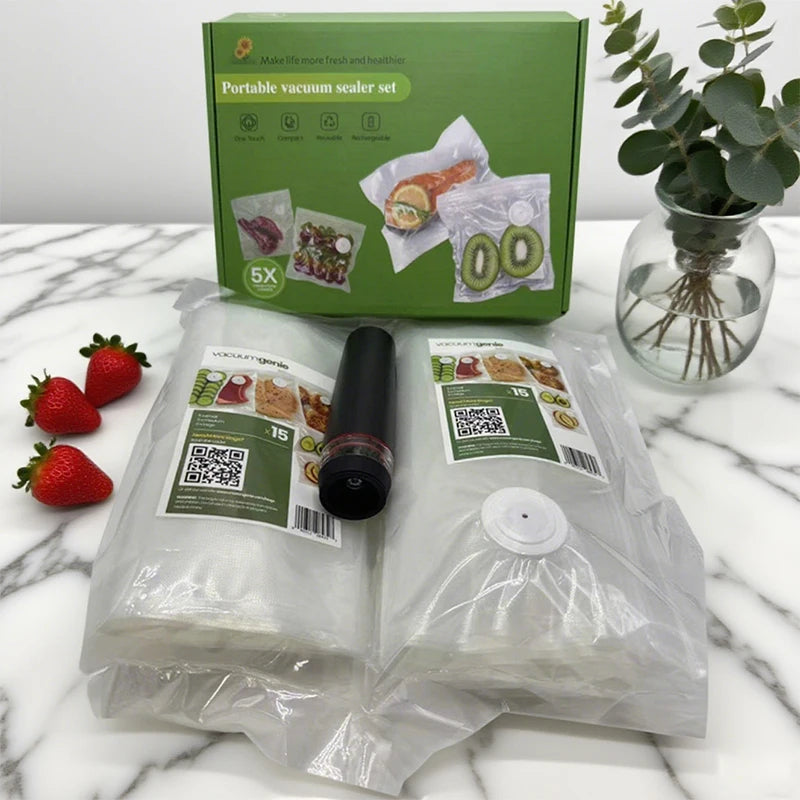 Handheld Vacuum Sealer with 30 Reusable Food Bags,2 Sealing Clips,Food Storage Bags Sous Vide Bags,Usb Rechargeable Bpa Free