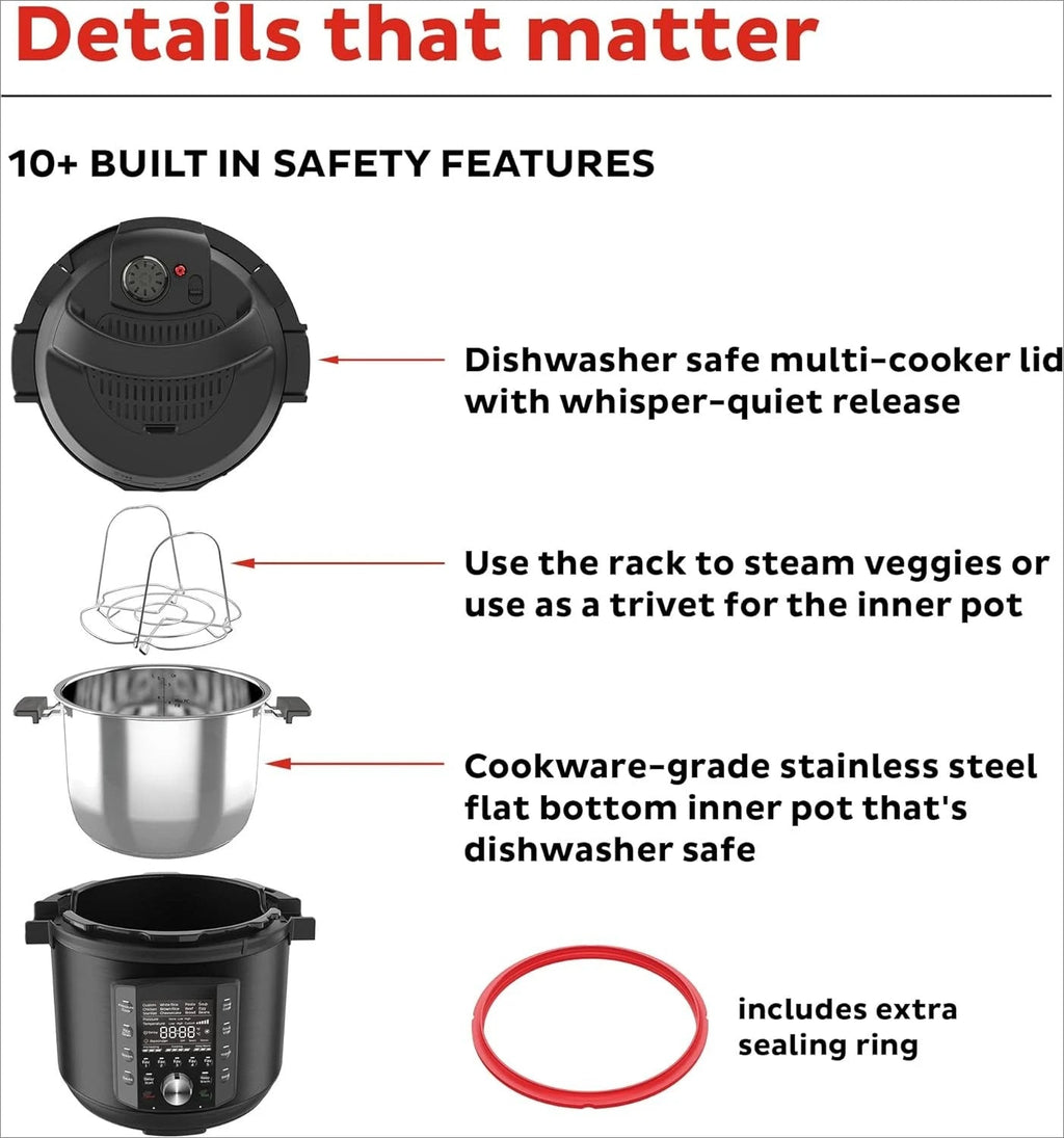 (8 QT) 10-in-1 Pressure Cooker, Slow Cooker, Rice/Grain Cooker, Steamer, Sauté, Sous Vide, Yogurt Maker, Sterilizer, and Warmer